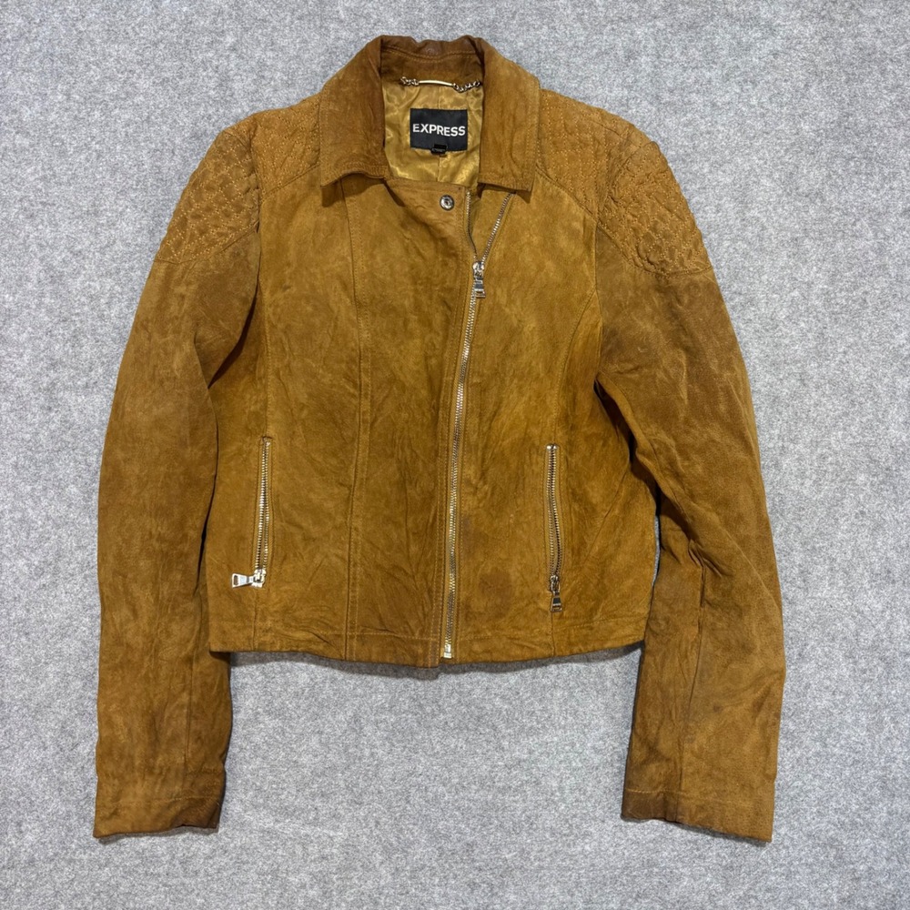 Express Womens Tan Brown Genuine Suede Quilted Moto Biker Jacket Size M